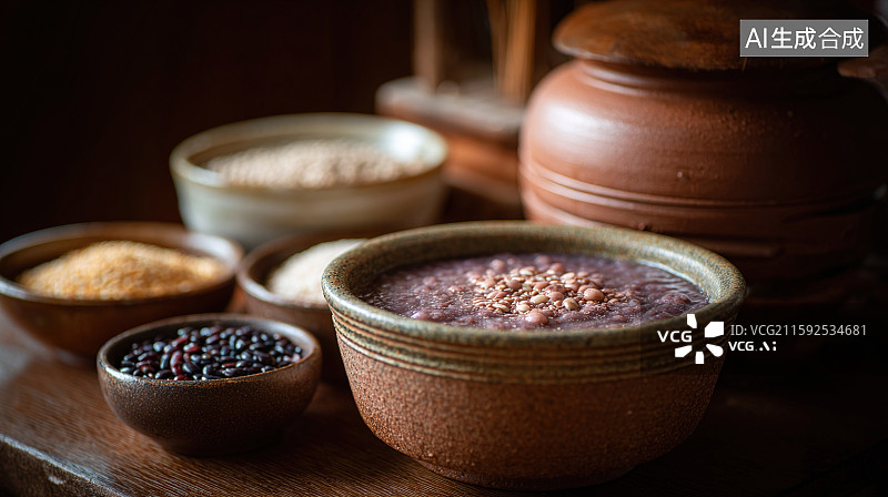 【AI数字艺术】复古中式杂粮粥与食材图片素材