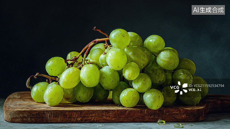 【AI数字艺术】写实青提与木砧板静物图片素材