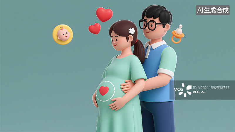 【AI数字艺术】3D三维幸福夫妇准父母温柔相拥的幸福时刻勾勾抚摸抚摸孕妇肚子图片素材