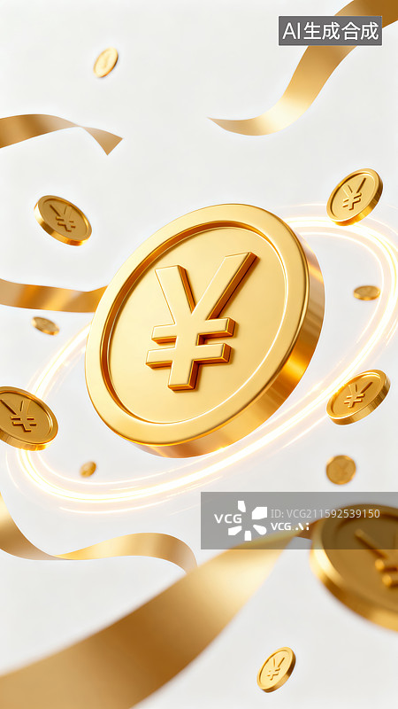 【AI数字艺术】金色人民币硬币与丝带图片素材