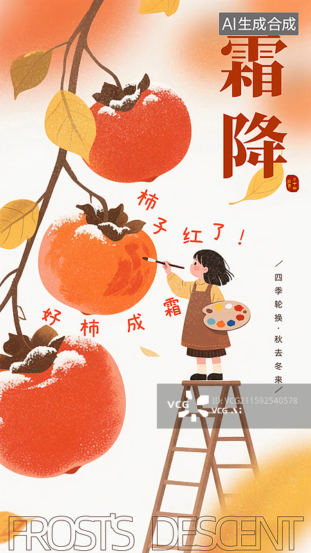 【AI数字艺术】二十四节气霜降小女孩给柿子涂色手绘插画风格海报图片素材