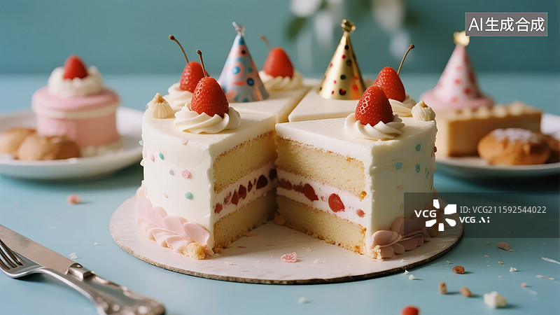 【AI数字艺术】草莓奶油蛋糕切块展示图片素材