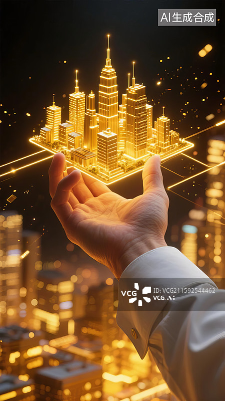 【AI数字艺术】手掌托举金色城市模型图片素材