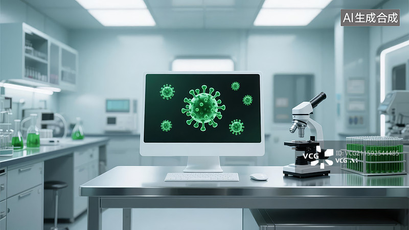 【AI数字艺术】实验室中显示病毒图像的电脑图片素材