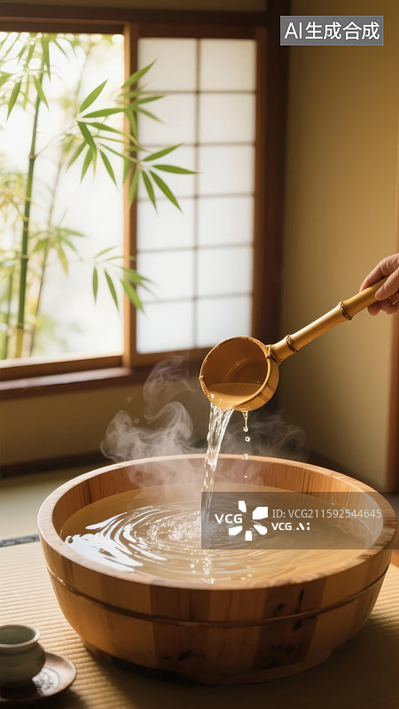 【AI数字艺术】木桶中倒入热水的场景图片素材