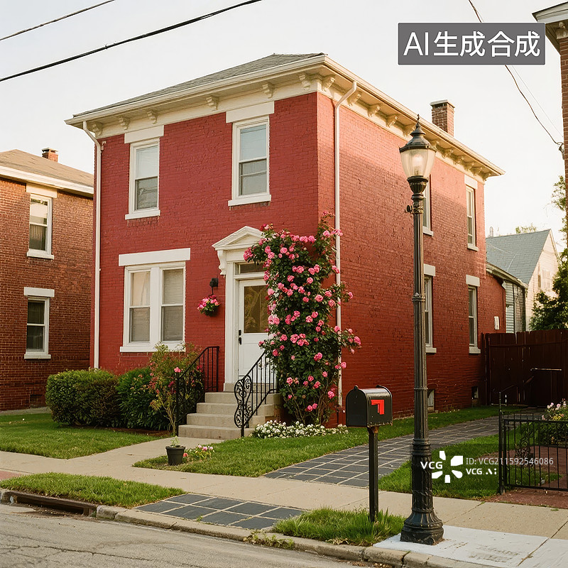 【AI数字艺术】红色砖房与街灯图片素材