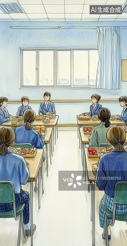 【AI数字艺术】学生在教室聚餐用餐l联欢会手绘风格图片素材