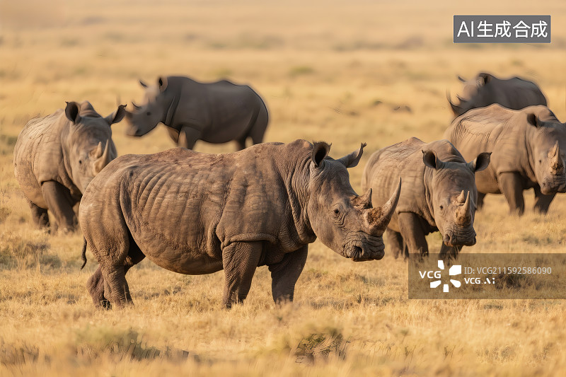 【AI数字艺术】草原上的犀牛族群图片素材