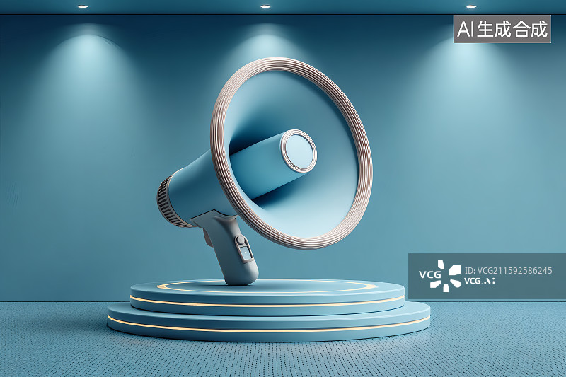 【AI数字艺术】蓝色背景，展台上的扩音器图片素材