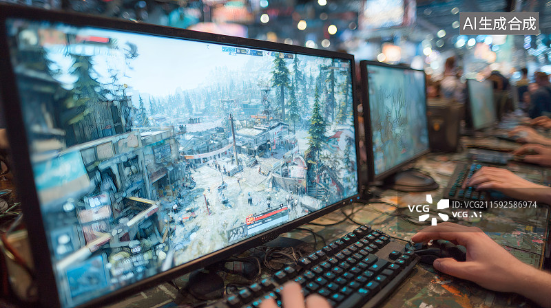 【AI数字艺术】网吧中，正在打电脑游戏的青年那女图片素材
