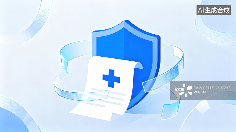 【AI数字艺术】蓝色护盾和带有十字架的记录本，医疗健康保护安全保险单预防风险投资服务保障概念图片素材