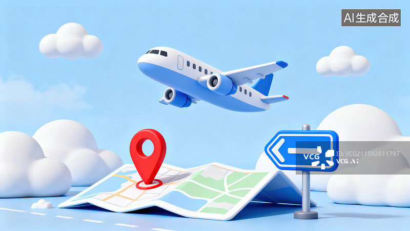 【AI数字艺术】3D渲染卡通飞机地图红色定位标识云朵和指示牌，飞机与旅行主题节假日出行搭乘交通工具主题概念图片素材