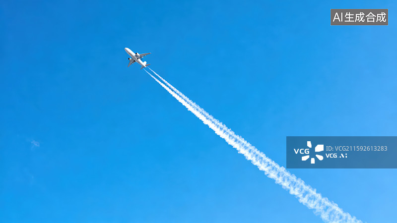 【AI数字艺术】晴朗蓝色天空民用航空飞机拉烟水汽尾迹背景图片素材