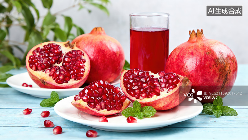 【AI数字艺术】桌面盘子中摆放的新鲜石榴与掰开的石榴籽和旁边玻璃杯中装着红色石榴榨汁饮料图片素材