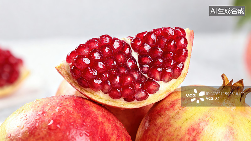 【AI数字艺术】桌面上多个整颗石榴上放置着剥开的新鲜软籽石榴图片素材