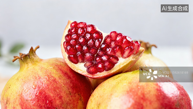 【AI数字艺术】桌面上多个整颗石榴上放置着剥开的新鲜软籽石榴图片素材