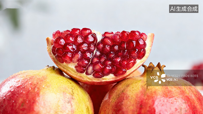 【AI数字艺术】桌面上多个整颗石榴上放置着剥开的新鲜软籽石榴图片素材