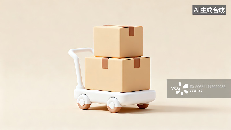 【AI数字艺术】纯色背景下放着两个大纸箱的卡通货运手推车图片素材