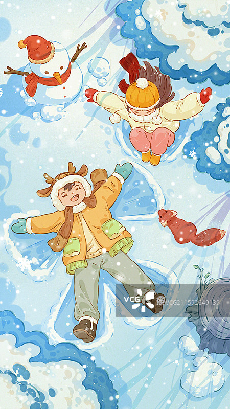 冬天户外的雪人小孩玩耍插画图片素材