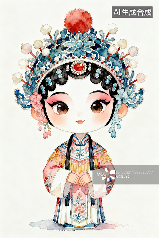【AI数字艺术】Q 版京剧旦角水彩插画图片素材