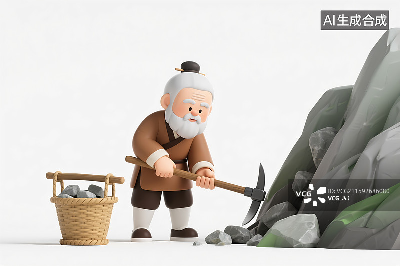 【AI数字艺术】一位老爷爷拿着锄头在刨石头筐子愚公移山成语故事三维图图片素材