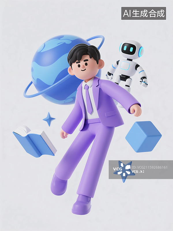 【AI数字艺术】一位男性穿着紫色西装书本机器人地球商务三维图图片素材