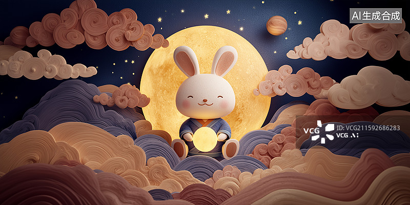 【AI数字艺术】梦幻云月兔3D图图片素材