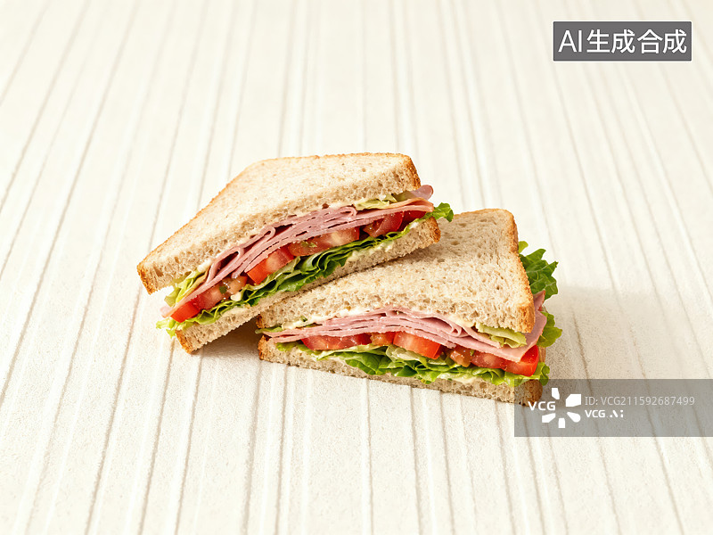 【AI数字艺术】美味火腿蔬菜三明治特写图片素材