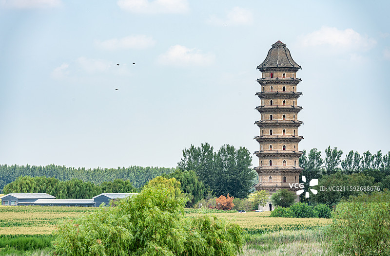 航拍视角高视角下蓝天白云背景下的山东聊城临清运河宝塔舍利宝塔建筑特写镜头图片素材