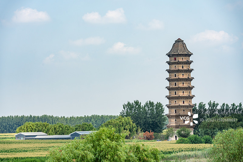 航拍视角高视角下蓝天白云背景下的山东聊城临清运河宝塔舍利宝塔建筑特写镜头图片素材