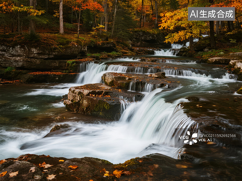【AI数字艺术】秋日森林溪流瀑布图片素材