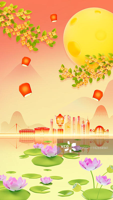 3D渲染的香港城市荷塘夜色中秋节插画图片素材