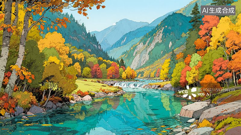 【AI数字艺术】秋天山水森林湖泊风景插画图片素材