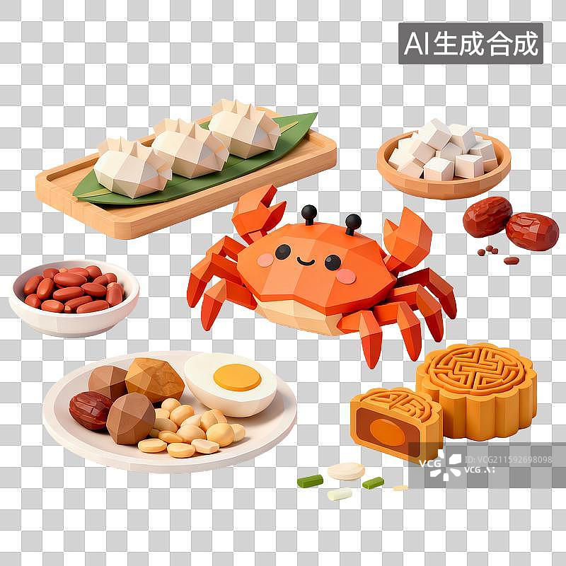 【AI数字艺术】中秋节元素3D卡通萌系月亮月饼月兔桂花螃蟹美食等免抠图图片素材