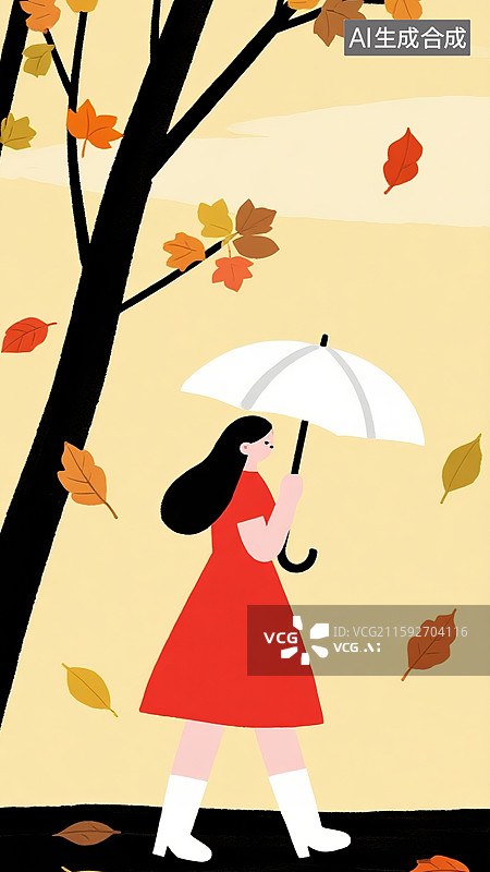 【AI数字艺术】秋季创意插画特色红裙女孩雨伞下站立落叶浅黄色背景极简扁平卡通风格立秋节气秋天童话绘本杂志故事书图片素材