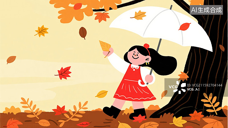 【AI数字艺术】秋季创意插画特色红裙女孩雨伞下站立落叶浅黄色背景极简扁平卡通风格立秋节气秋天童话绘本杂志故事书图片素材
