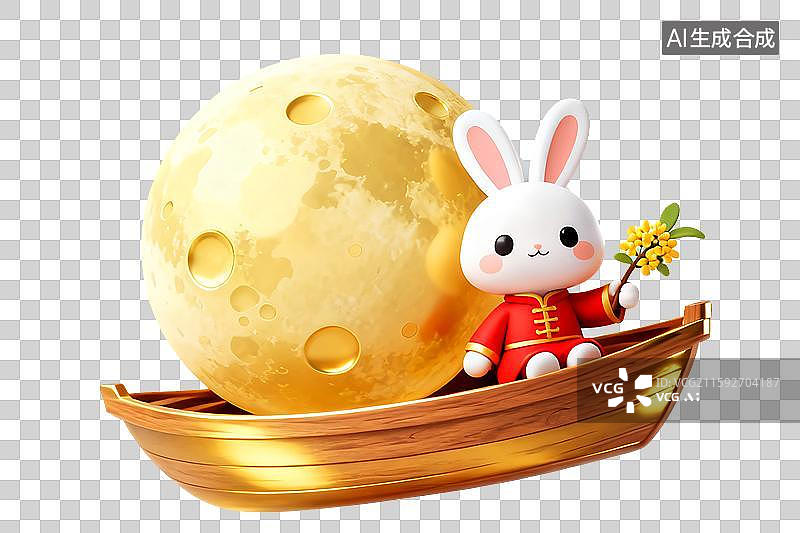 【AI数字艺术】可爱的白兔穿着唐装汉服拿着一支桂花，月饼，坐在装着满月的金色小船上图片素材