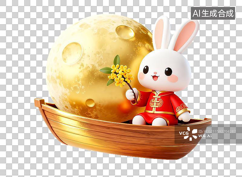 【AI数字艺术】可爱的白兔穿着唐装汉服拿着一支桂花，月饼，坐在装着满月的金色小船上图片素材