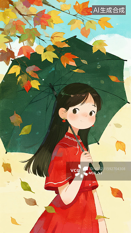 【AI数字艺术】秋季创意插画特色古风红裙女孩雨伞下站立落叶浅黄色背景极简扁平卡通风格立秋节气秋天童话绘本杂志故事书图片素材