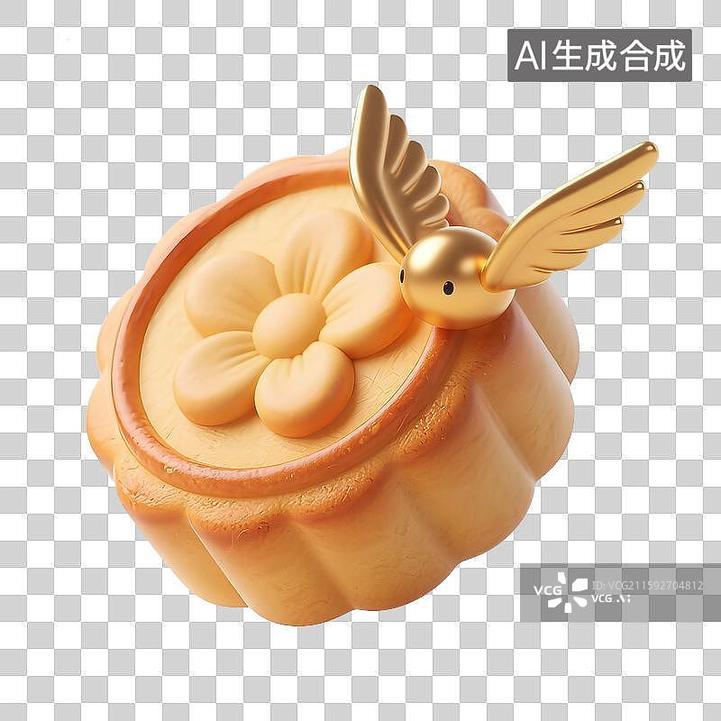 【AI数字艺术】3D渲染有一对金色翅膀的月饼免抠元素图片素材