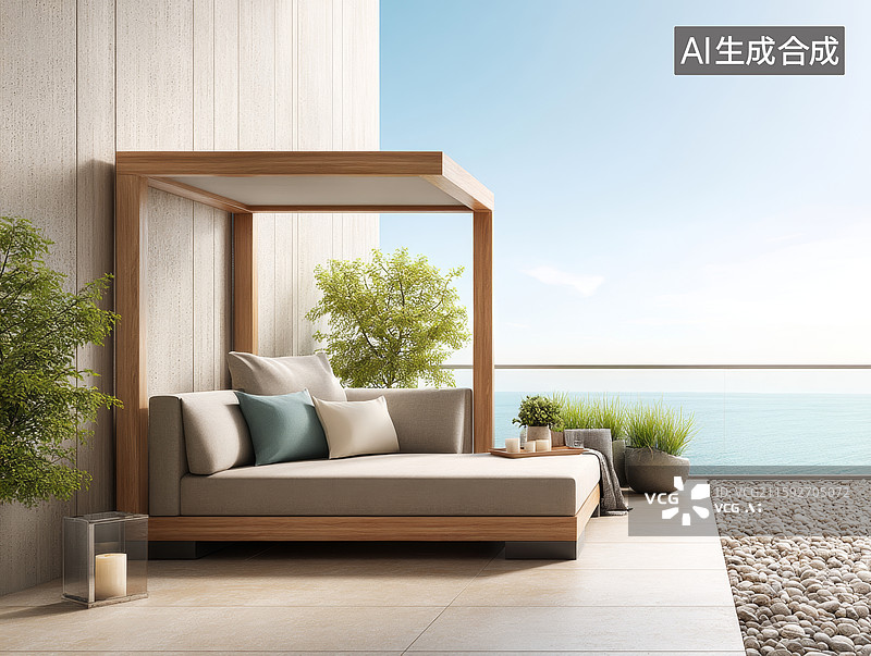 【AI数字艺术】海边露台休闲沙发图片素材