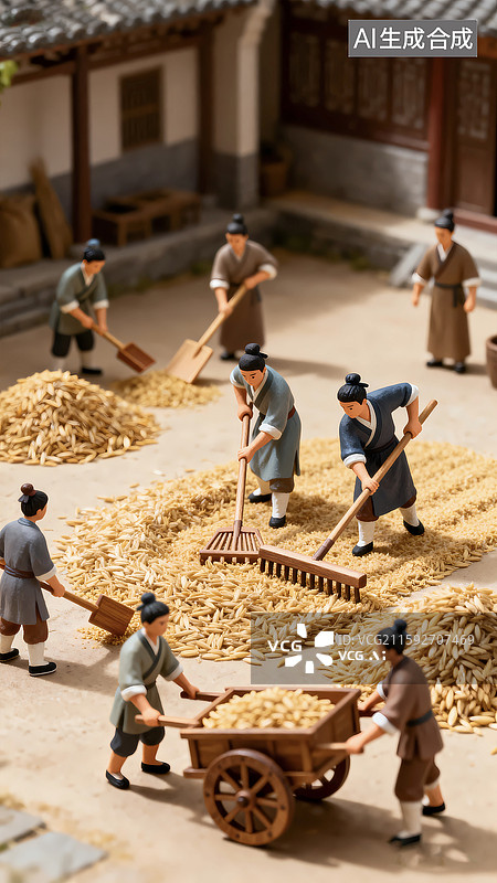 【AI数字艺术】秋天谷堆粮仓农民翻晒粮食微距场景图片素材