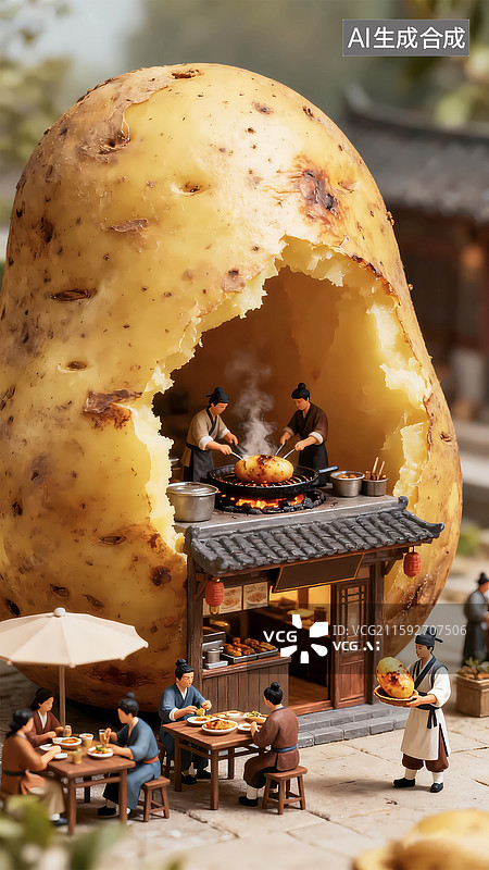 【AI数字艺术】古代建筑烤土豆马铃薯场景图片素材