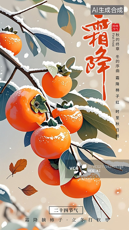 【AI数字艺术】二十四节气插画海报模版，秋天的柿子树 树叶上的白霜  柿子熟了 收获的季节 竖版图片素材