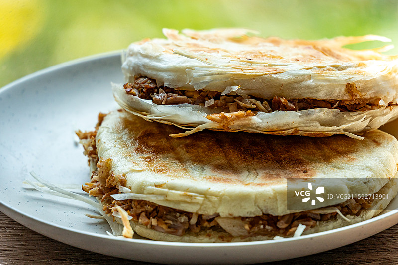 绿色虚化背景中的传统美食面食酥皮肉夹馍老面肉夹馍腊汁肉夹馍特写镜头图片素材