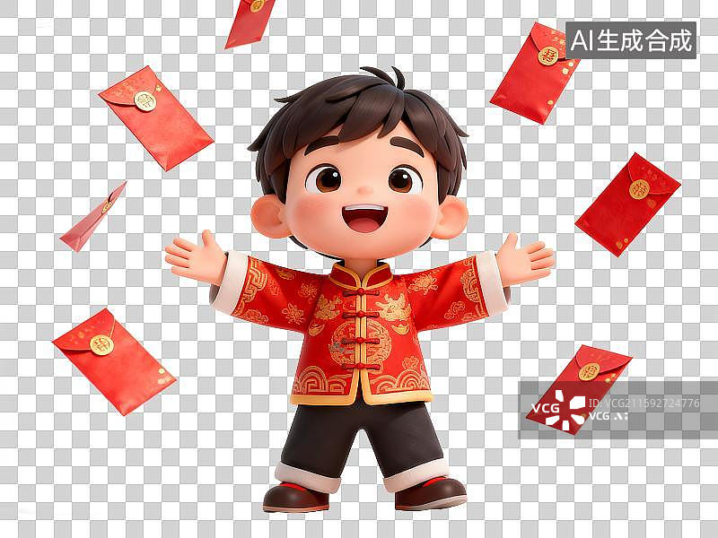 【AI数字艺术】3D免抠元素，小男孩穿着传统服饰，张开双臂，红包从天而降图片素材