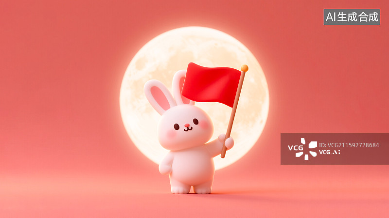 【AI数字艺术】中秋节国庆节双节可爱卡通萌系3D三维立体吉祥物IP设计白色小兔子玉兔手上举着小红旗子开心快乐庆祝兔年图片素材