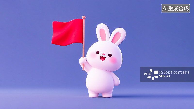 【AI数字艺术】中秋节国庆节双节可爱卡通萌系3D三维立体吉祥物IP设计白色小兔子玉兔手上举着小红旗子开心快乐庆祝兔年图片素材
