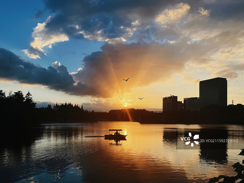 上海市静安区大宁公园的初秋风景，夕阳、晚霞、游船、归鸟，以及森林、建筑在水中的倒影图片素材