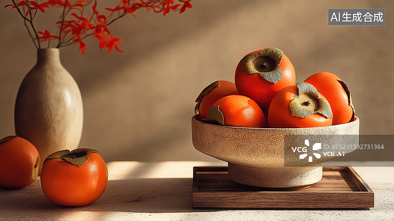 【AI数字艺术】秋日柿子静物摆拍图片素材
